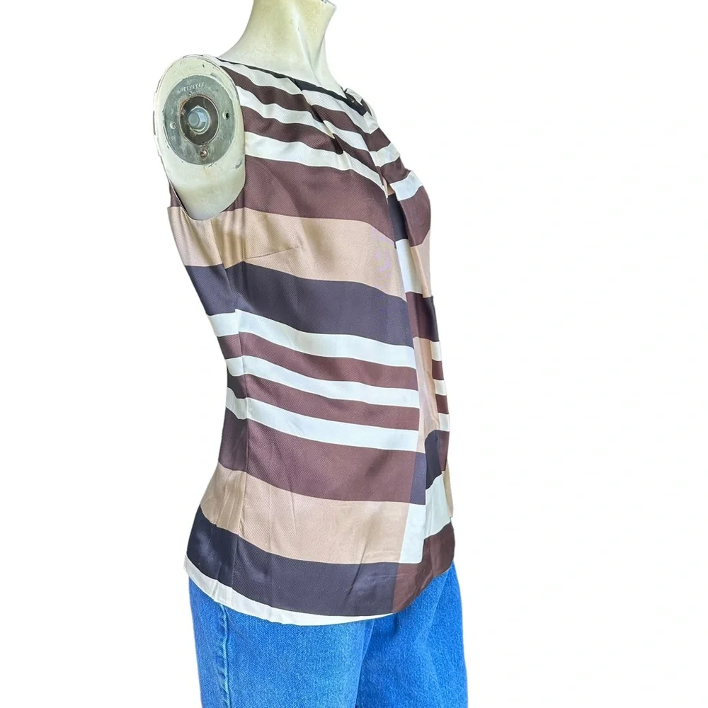 Tory Burch High Neck Neutral Striped Checkered Pleated 100% Silk Modest Size 6
